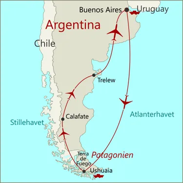 Kort over rejsen til Argentinas Patagonien