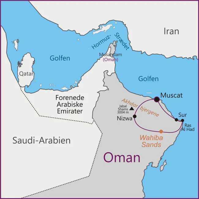 Kort over rejsen til Omans højdepunkter