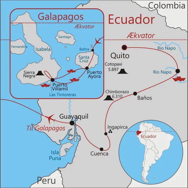 Kort over rejsen til Galapagos, hvor vi b.la.  besøger: Ecuador, Amazonas, Quito, Ingapirca og Galapagosøerne