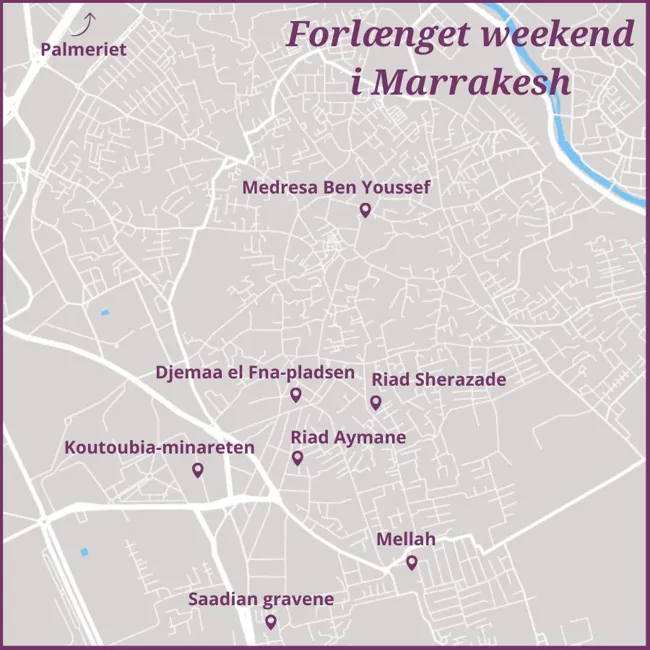 Bykort over Marrakesh med Djemaa el Fna-pladsen, Medresa Ben Youssef og Saadian gravene mv.