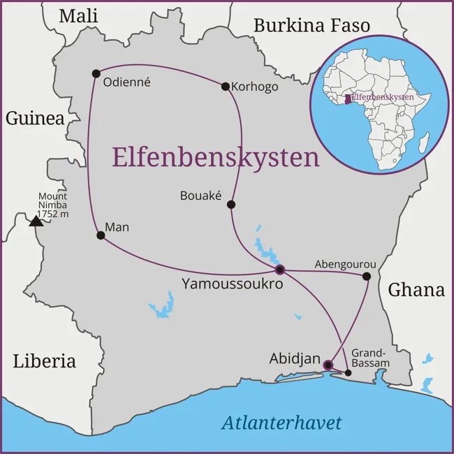 Kort over rejsen til Elfenbenskysten