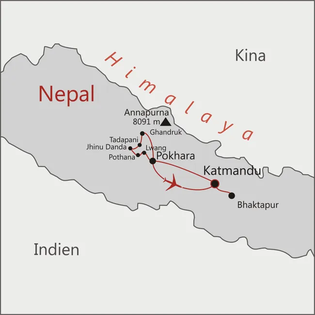 Nepal vandrekort - Katmandu - Pokhara - Annapurna