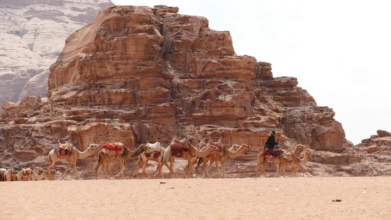 Klipper står som gigantiske monumenter i sandet. i Wadi Rum.