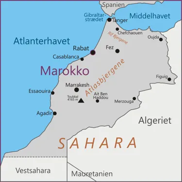 Kort over rejsen til Marokko, hvor byerne Marrakesh, Rabat, Fez og Casablanca er fremhævet