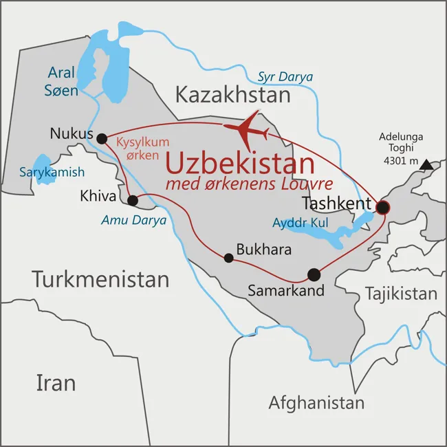 Kort over rejsen til Uzbekistan med Ørkenens Louvre