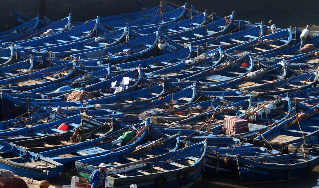Et yndet foto-motiv i Essaouira er de små blå fiskerbåde i fiskerihavnen. Foto Claus Pehrson