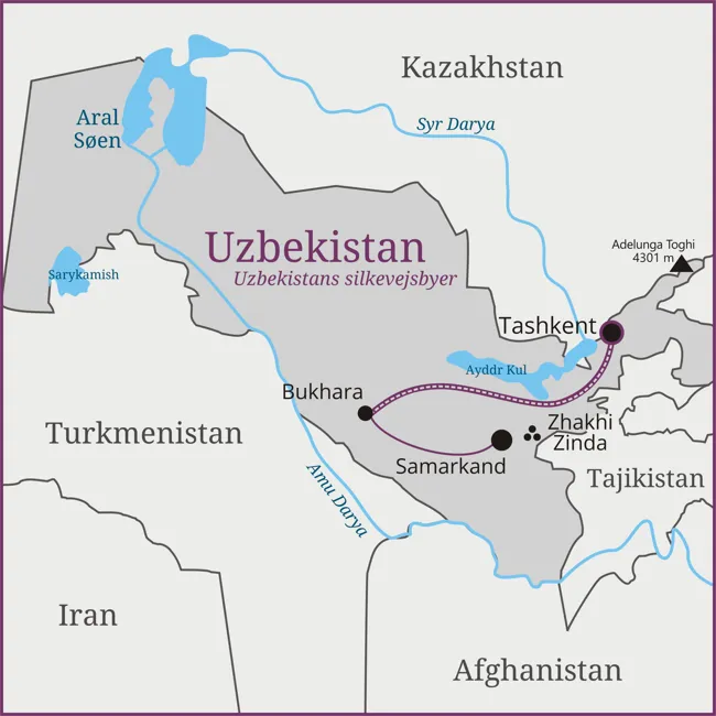 Kort over rejsen til Uzbekistan - Tashkent - Bukhara - Samarkand