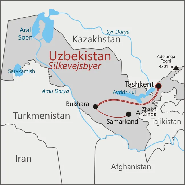 Kort over Uzbekistan - Tashkent - Samarkand - Bukhara
