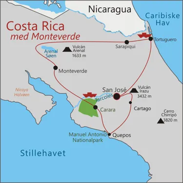 Kort over rejsen til Costa Rica