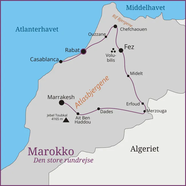 Kort over Den store rundrejse i Marokko