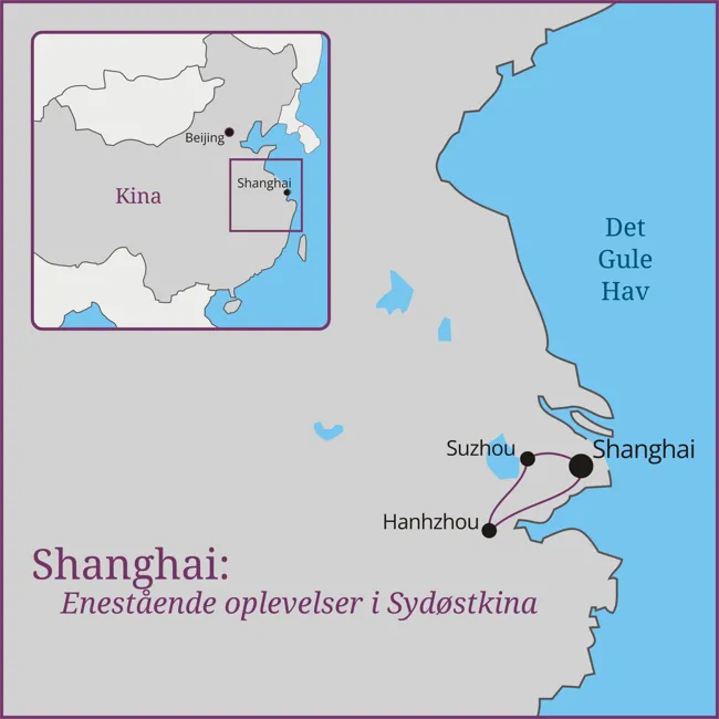 Kort over rejsen til Shanghai - Shanghai - Suzhou - Hangzhou