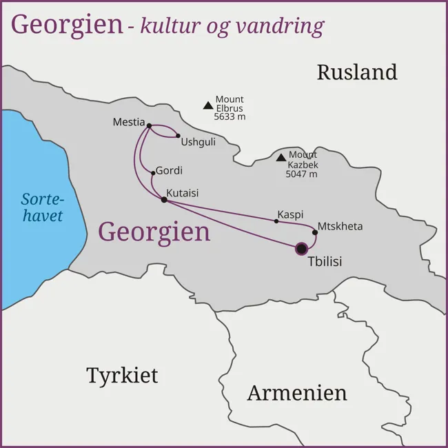 Kort over vandreferien i Georgien - Tbilisi - Kutaisi - Mestia