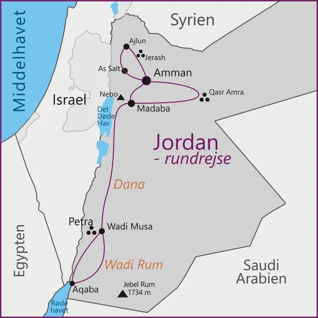 Amman - As Salt - Ajlun - Jerash - Nebo - Madaba - Petra - Wadi Rum - Aqaba