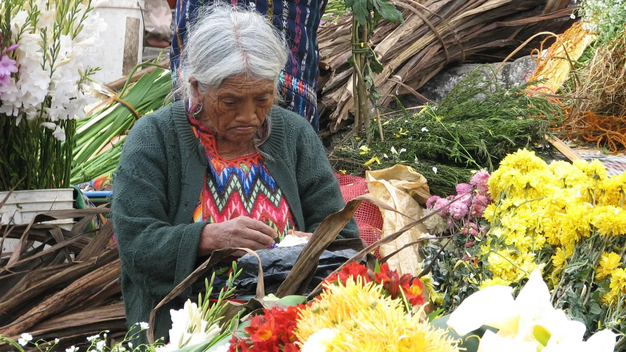 Blomstersælgerske på marked. Foto Hanne Ekman