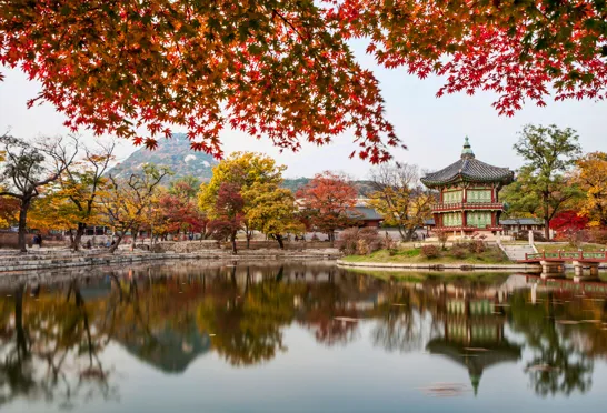 Hyangwonjeong Pavilion i Gyeongbokgung Palace Garden. Foto Viktors Farmor