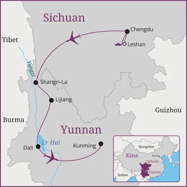 Kort over rejsen til KIna - Sichuan - Chengdu - Yunnan - Shangri-La - Kunming