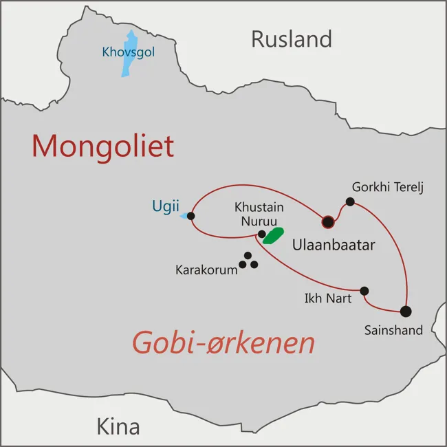 Kort over rejsen til Mongoliet