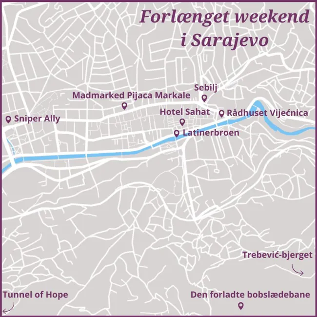 Kort over Sarajevo i Bosnien-Hercegovina med bl.a Latinerbroen, Tunnel of hope og madmarkedet Pijaca Markele.