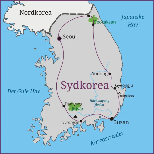 Kort over rejsen til Sydkorea, hvor vi bl.a. besøger byerne Seoul, Busan, Gyeongju og Andong