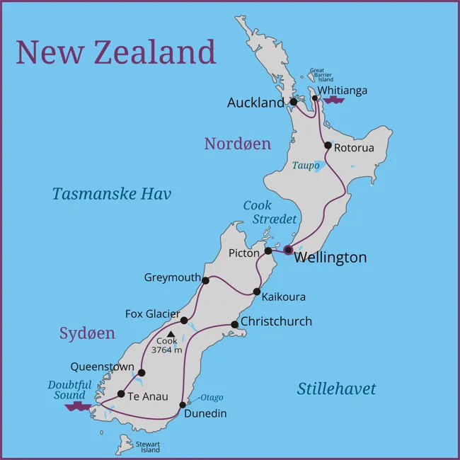 Kort over rejsen til New Zealand - Auckland - Wellington - Queenstown - Christchurch