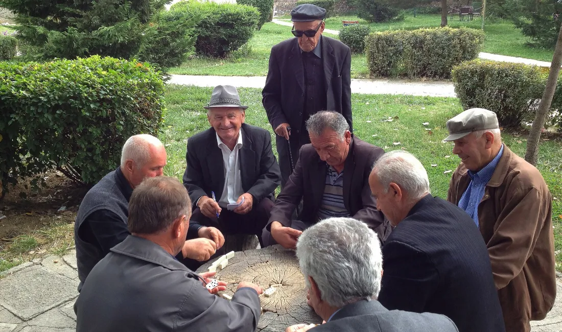 Tiden fordrives med et spil domino i en park i Albanien. Foto Vagn Olsen