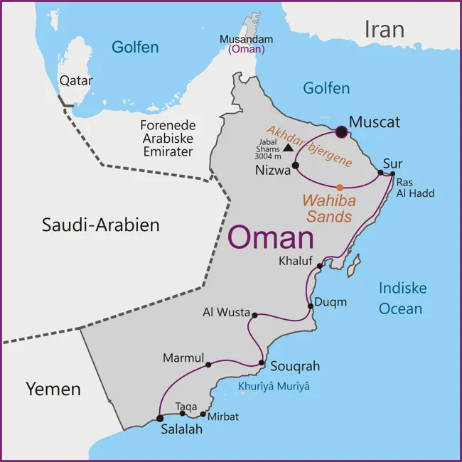 Kort over Oman - Muscat - Nizwa - Sur - Salalah