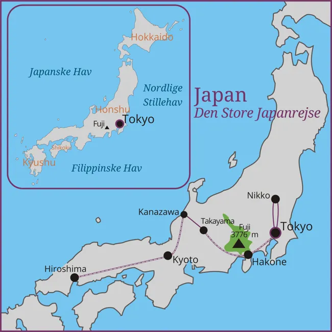Kort over rejsen til Japan