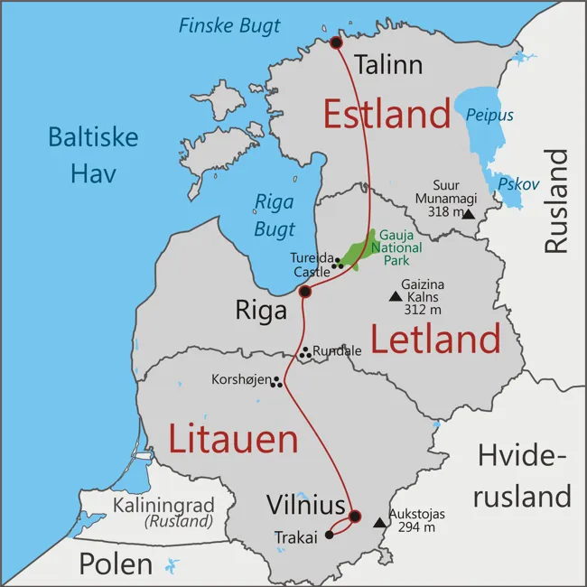 Kort over rejsen til Estland, Letland og Litauen