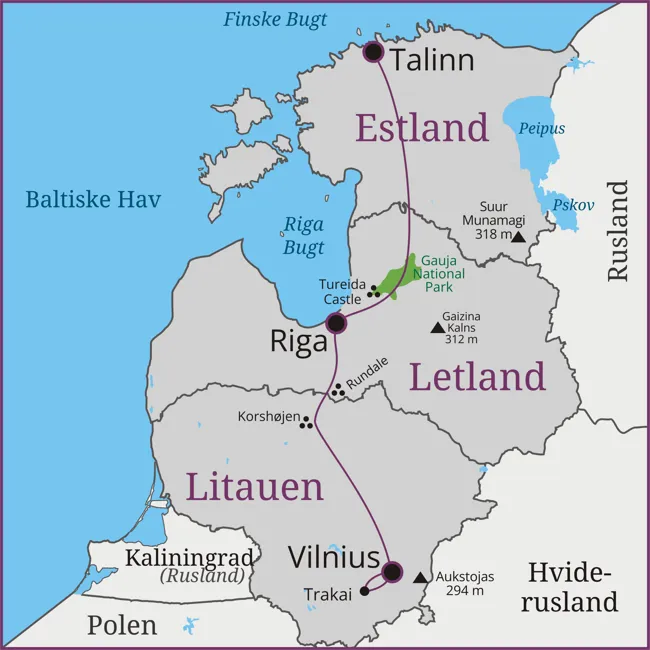 Kort over rejsen til Talinn, Riga og Vilnius