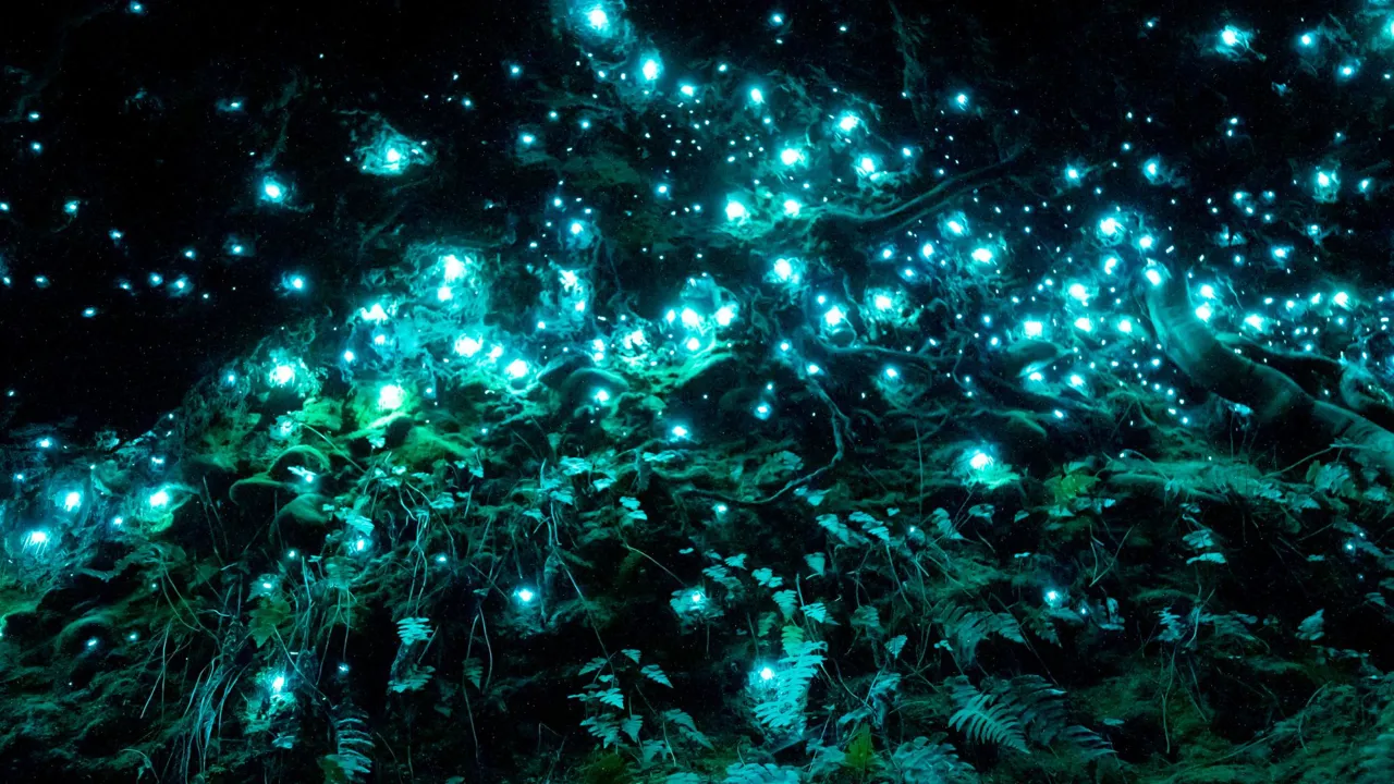 I Te Anau Glowworm Caves skal vi opleve, hvordan tusindvis af sankthansorme skaber et smukt blå lys. Foto Viktors Farmor