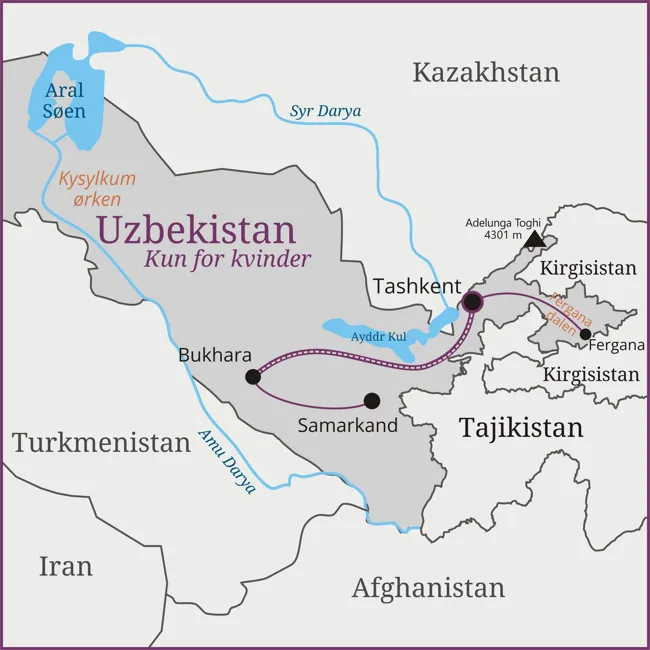 Kort over rejsen til Uzbekistan - Tashkent - Fergana - Bukhara - Samarkand