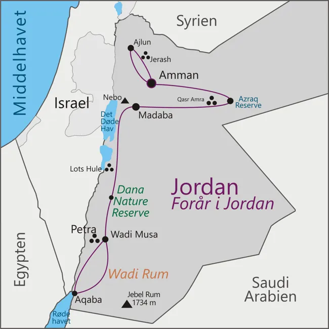 Kort til rejsen Forår i Jordan