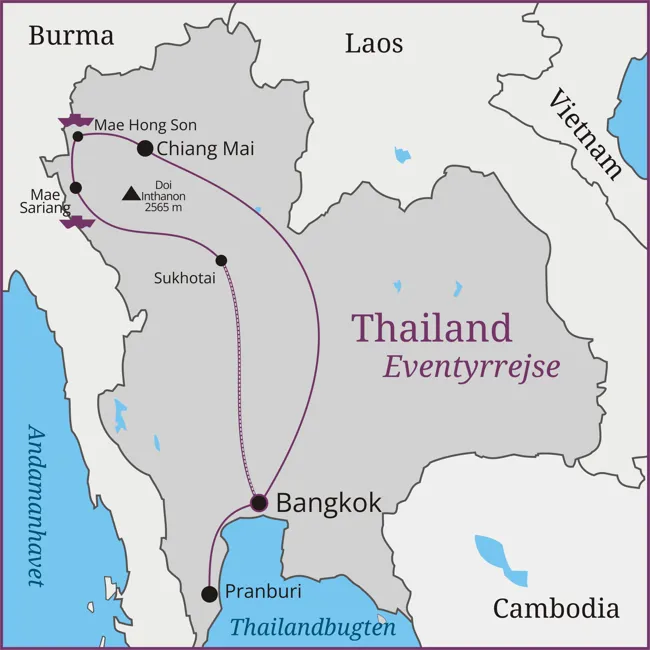 Kort over eventyrrejsen i Thailand