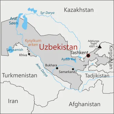 Kort over rejsen til Uzbekistan, hvor byerne Samarkand, Bukhara, Khiva og Tashkent er fremhævet