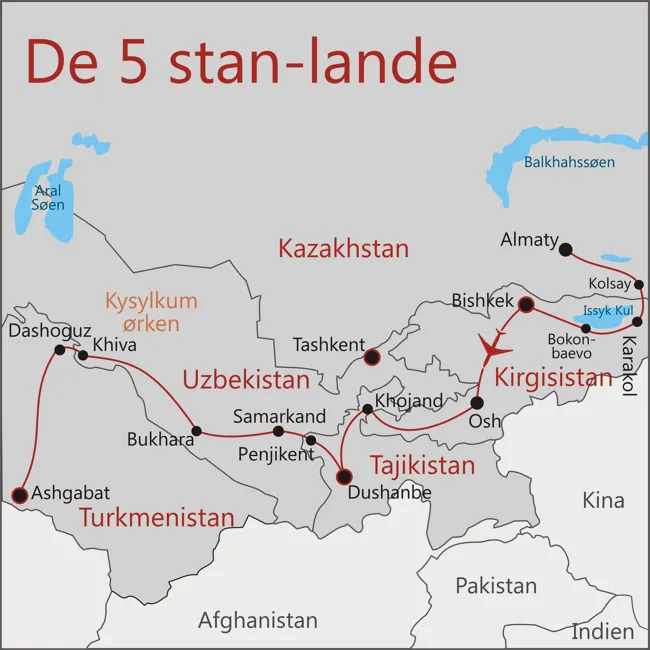 Kazakhstan - Almaty - Kirgisistan - Karakol - Bishkek - Osh - Tajikistan - Dushanbe - Uzbekistan - Samarkand - Bukhara - Khiva - Turkmenistan - Ashgabat