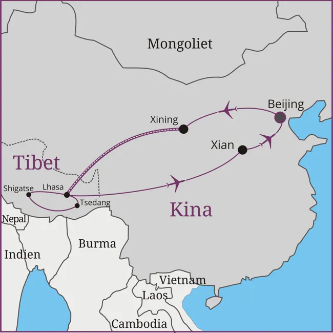 Kortover rejsen til Kina og Tibet: Beijing - Xining - Lhasa - Shigatse - Tsedang - Xian - Beijing