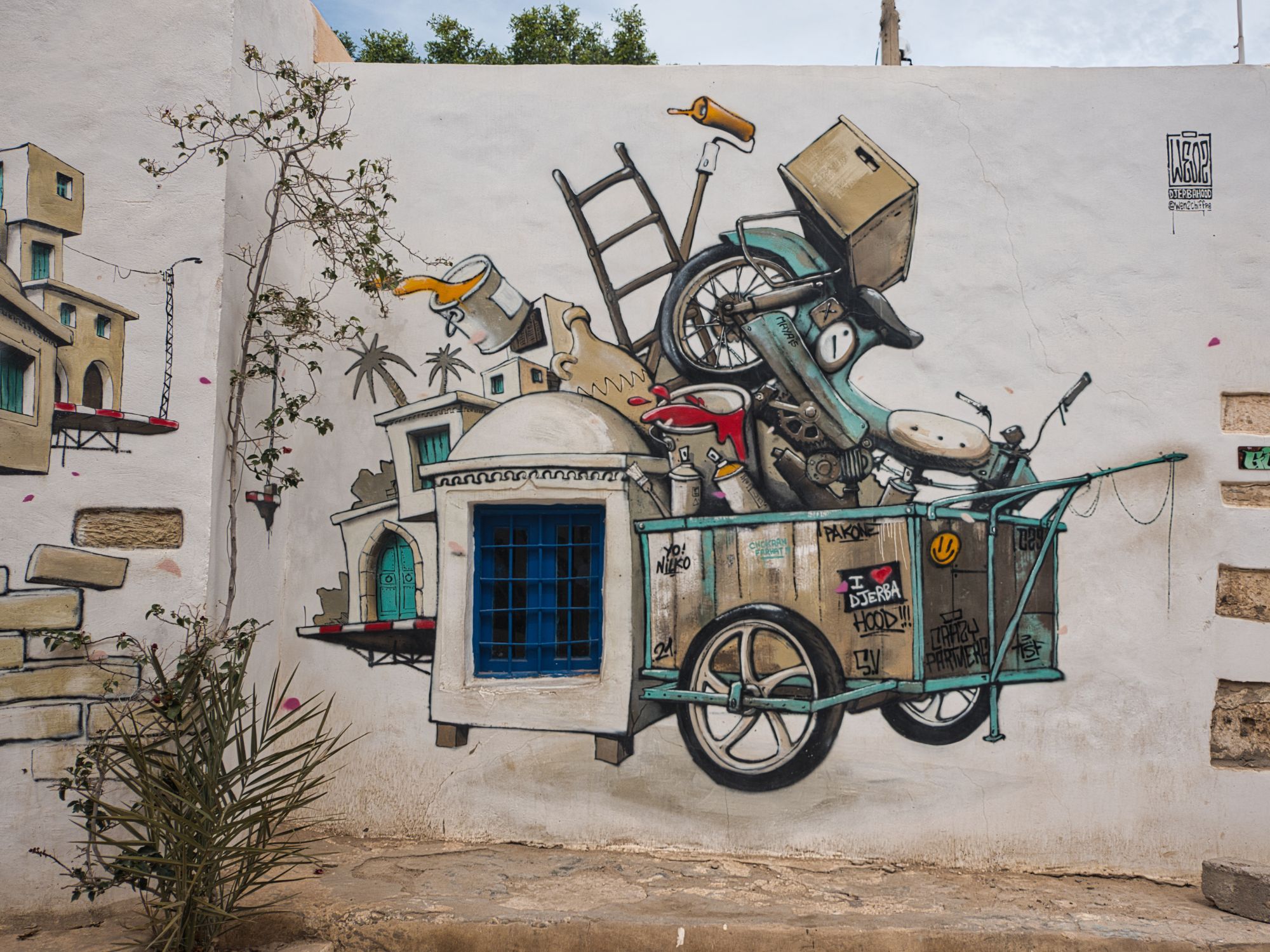 Det er muligt at se dette og mange flere flotte vægmalerier i Djerbahood, hvor også vi overnatter. Foto Viktors Farmor