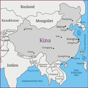 Kort over rejsen i Kina, hvor vi bl.a. besøger Beijing, Xian og Shanghai