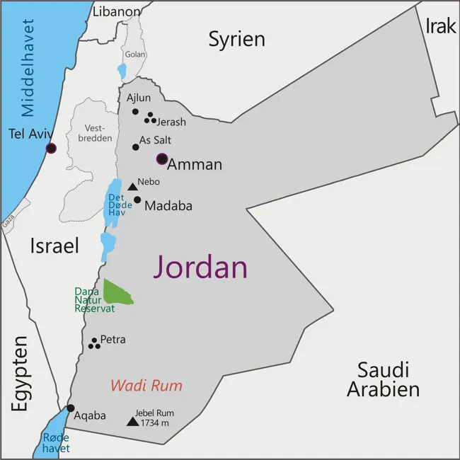 Kort over rejsen til Jordan, hvor byerne Amman, Petra, Madaba og Jerash er fremhævet
