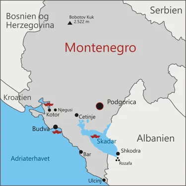 Kort over Montenegro, hvor byer, vi besøger på rejsen, er markeret