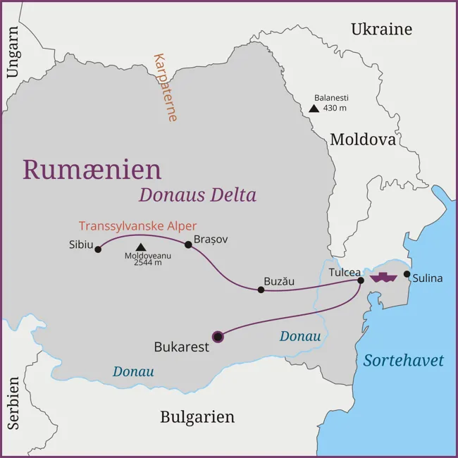 Kort over rejsen til Donaus Delta i Rumænien - Bukarest - Sulina - Buzau - Sibiu