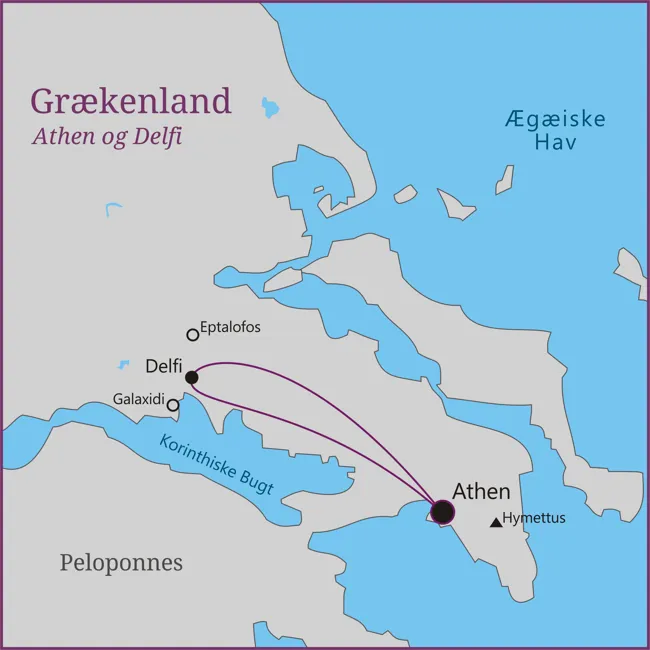 Kort over rejsen til Athen og Delfi