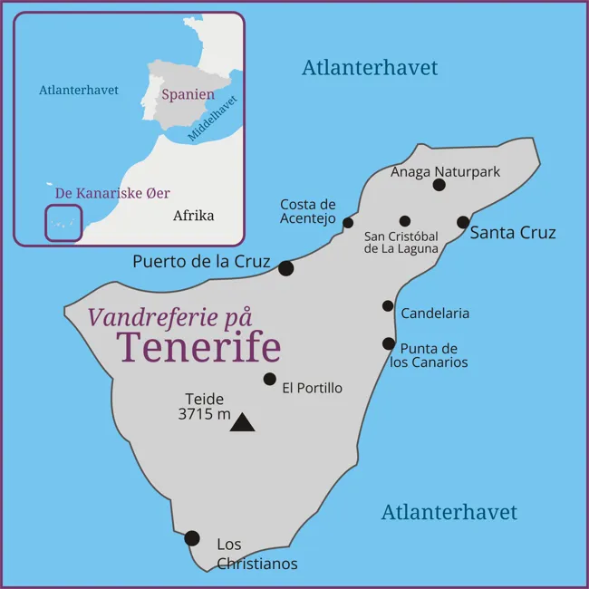 Kort over vandreferien på Tenerife - Puerto de la Cruz - Candelaria - San Cristobal - Teide - Santa Cruz