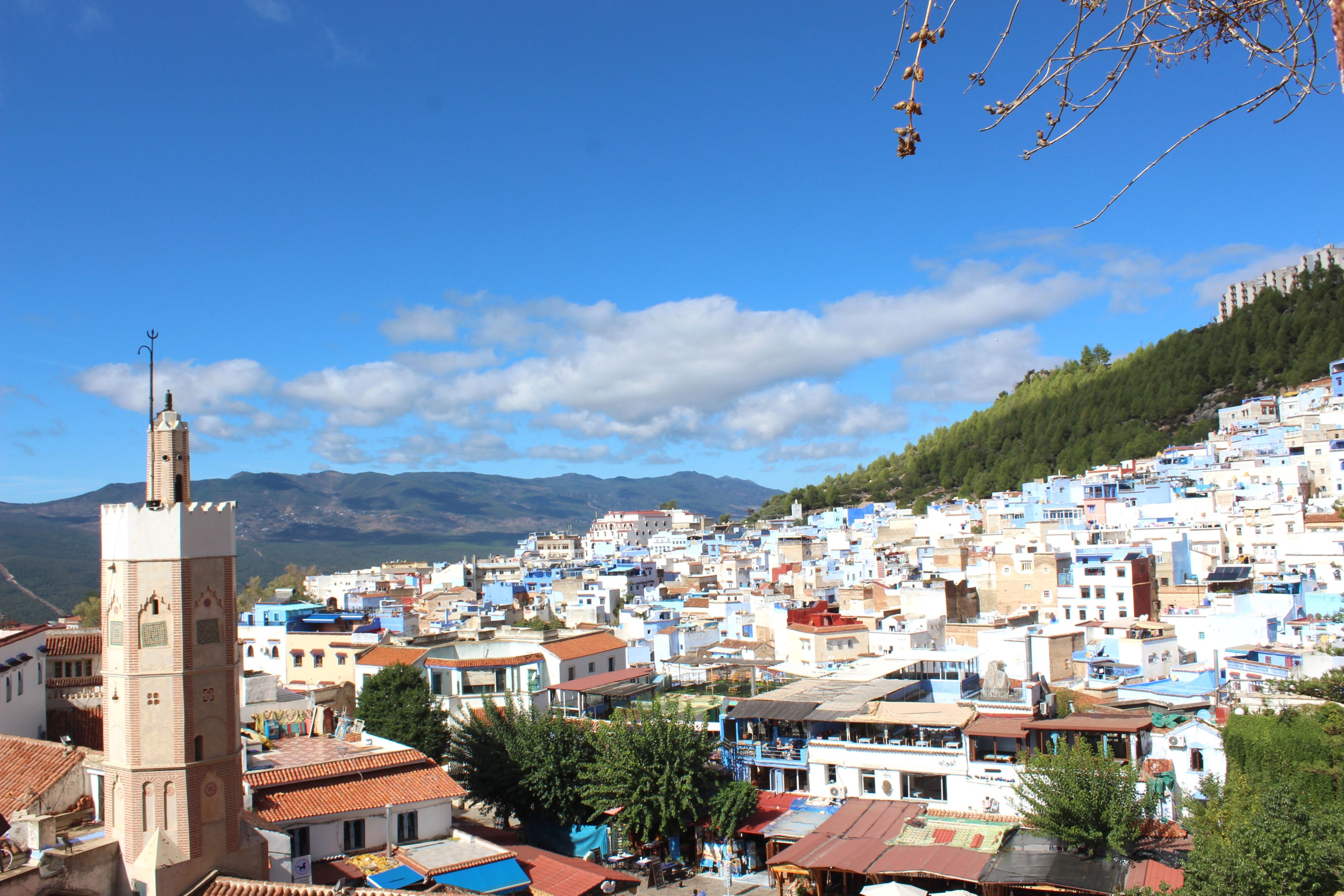Udsigt over Chefchaouens blåmalede huse og minaret med Rifbjergene i baggrunden i det nordlige Marokko. Foto Marlene T. Kristensen