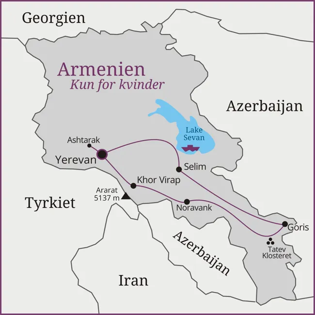 Kort over  Armenien - Yerevan - Goris - Sevan - Gyumri