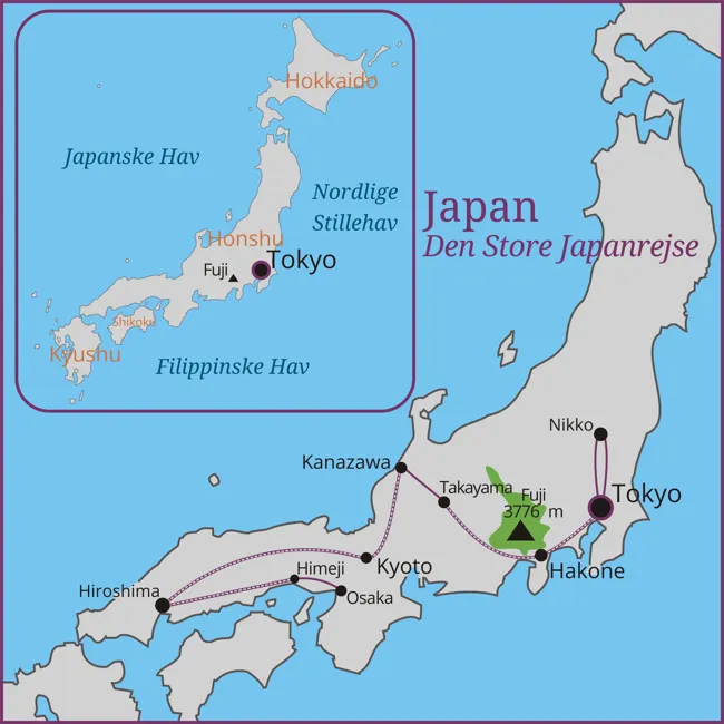 Kort over rejsen til Japan