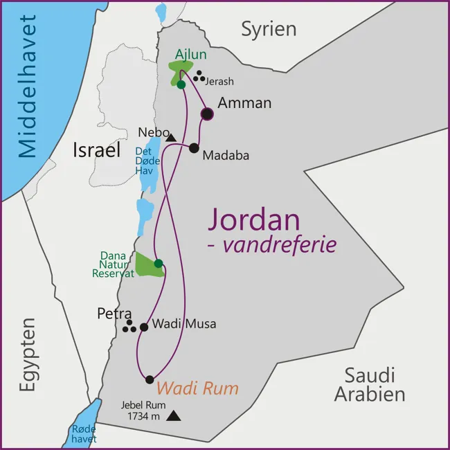 Kort over vandreferien i Jordan - Amman - Jerash - Ajloun - Petra - Wadi Musa - Wadi Rum