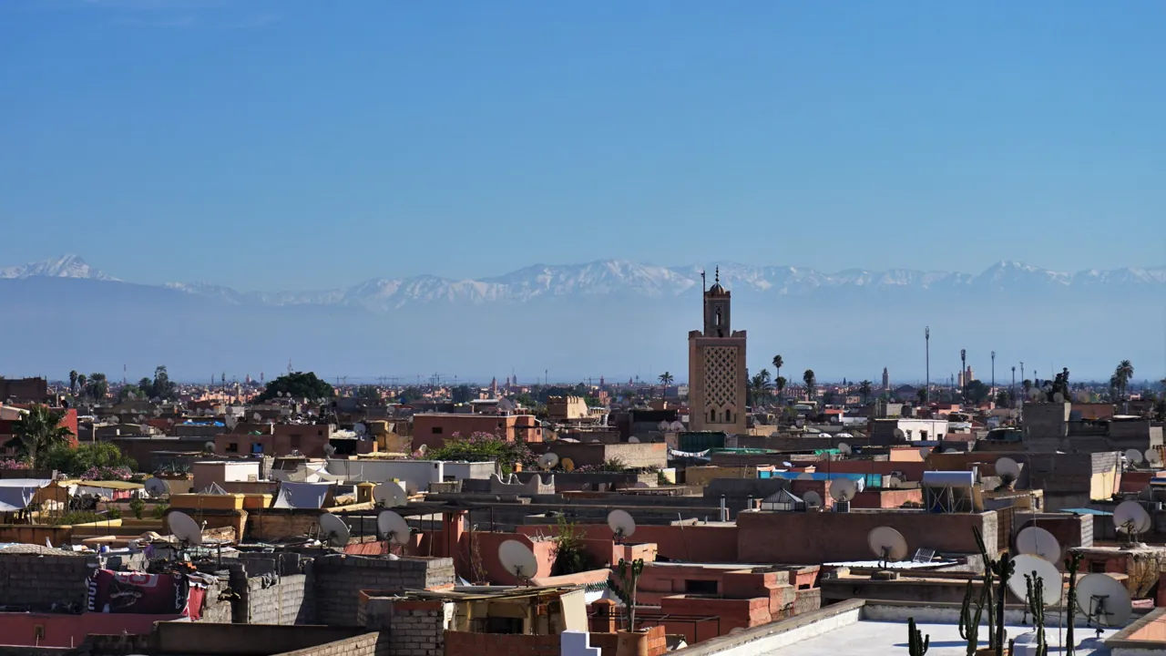 Marrakesh med Atlasbjergenes sneklædte tinder i baggrunden. Foto Kathrine Svejstrup