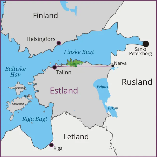 Kort over rejsen til Estland - fra Tallinn langs Den Finske Bugt til Narva