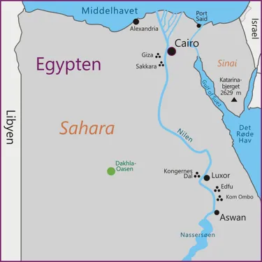 Kort over Egypten, med centrale byer som Cairo og Luxor langs Nilen, som er fremhævet